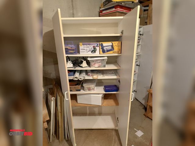 Lot 1-19220 - (1) 2-door cabinet filled with assorted items, includes 9" Creative Station refill cartridges, irons...