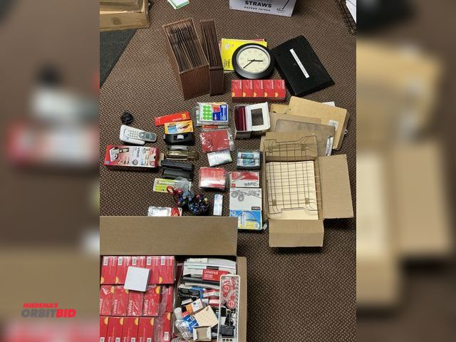 Lot 1-18386 - lot of office supplies including: file folders, paper clips, wire baskets, pens, clocks, phones and ...