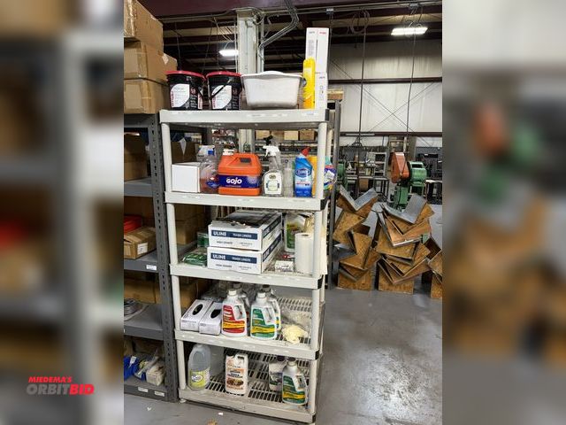Lot 1-18911 - (1) plastic rack unit with assorted janitorial supplies, includes (2) gallons of GoJo Natural Orange...