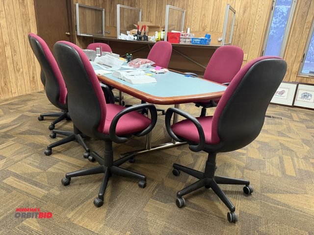 Lot 1-15509 - (1) 96" x 42" wide conference table, includes (7) matching, rolling padded seat and back office chai...