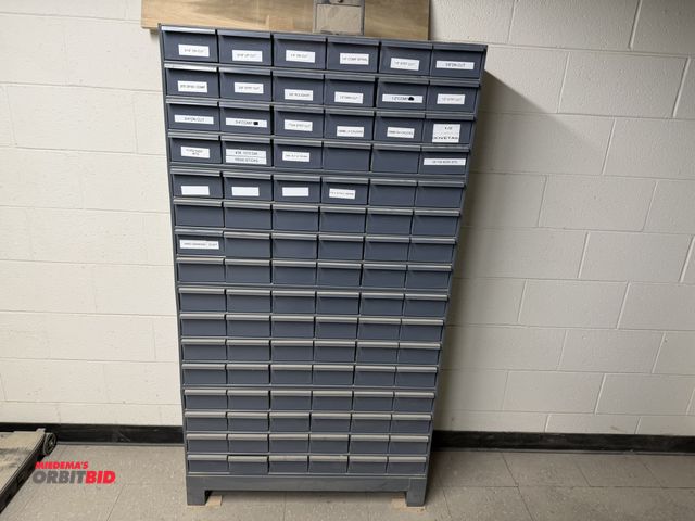 Lot 1-16366 - (4) Durham 34" width x 14.5" height x 12" depth stackable steel hardware storage units with 24 remov...