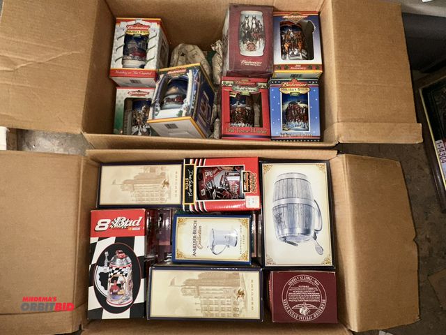 Lot 1-14306 - (2) boxes (approx. 30 total) collectible beer steins, some with original packaging, some wrapped in ...