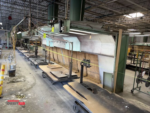 Lot 1-17252 - (1) approx. 33' length x 8' height spray booth with filters, overhead lights, and diaphragm pump sty...