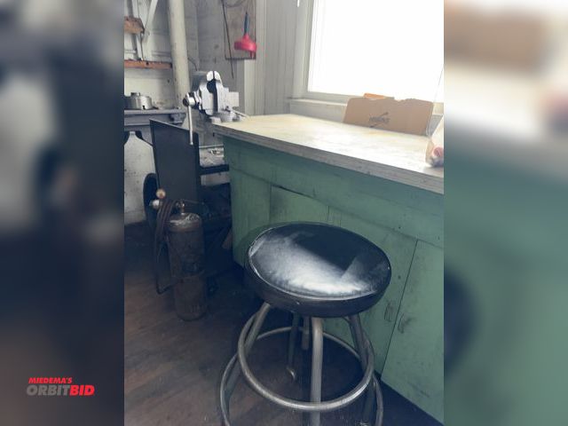 Lot 1-4705 - (1) Chas Parker 3" bench mounted vise with wood cabinet, cabinet is 60" x 23", includes stool and ch...