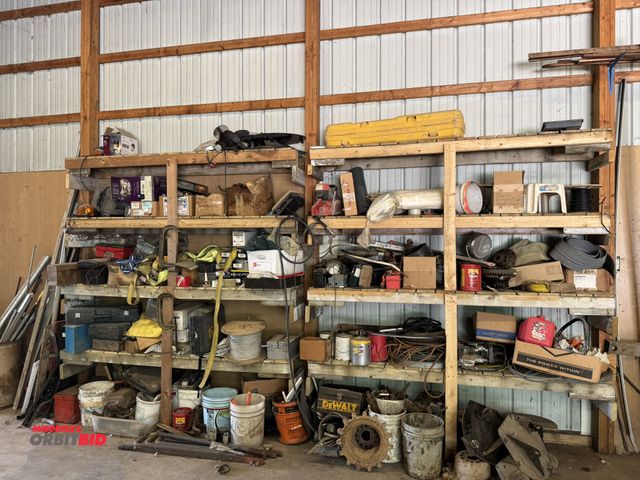 Lot 1-14202 - Contents of shelving, includes assorted construction items, 40" x 1 3/8" anchors, (1) partial spool ...