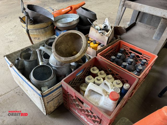 Lot 1-18600 - (1) lot of assorted oil cans, funnels, Zero Start engine ether for loaders and excavators, quarts of...