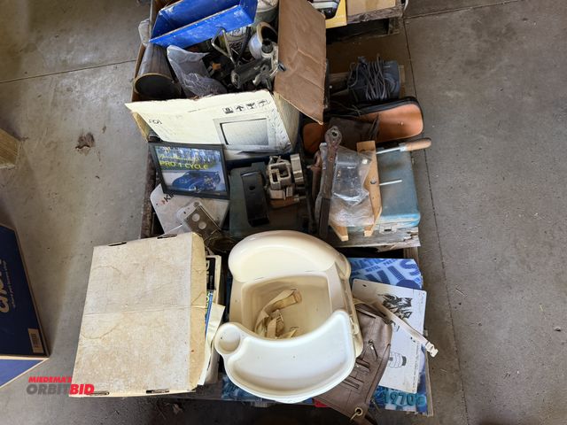 Lot 1-8383 - (1) skid lot of assorted items, including various tools, (1) Safety First Portable children's chair,...