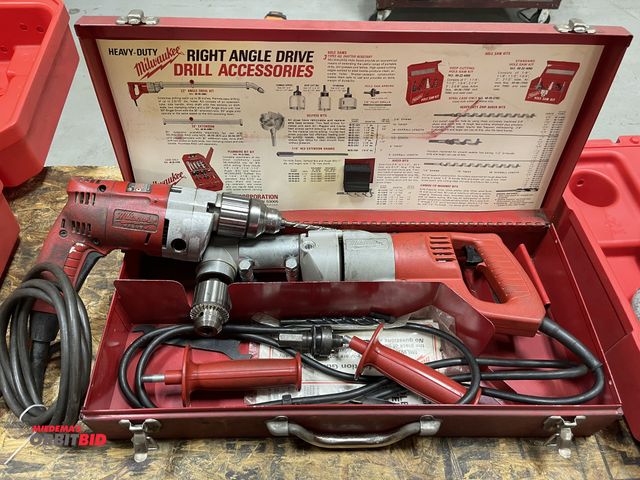 Lot 1-19358 - (1) Milwaukee heavy duty, right angle drill, and (1) Milwaukee Magnum hole shooter, 1/2" drill.