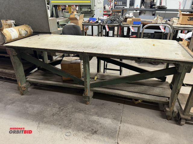 Lot 1-1978 - (1) custom built 96" length x 35" height x 35" depth wood table with steel top and plastic overlay, ...