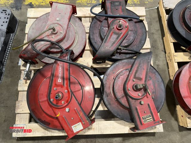 Lot 1-5303 - Lot of (4) Reelcraft retractable air hose reels, includes (1) model 7650-OLP, (2) unknown models, an...