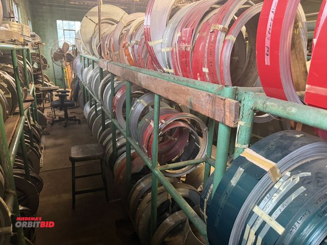 Lot 1-18782 - (1) 8' length x 59" height x 16" depth, 3-tier tube steel rack with assorted painted aluminum rolls,...