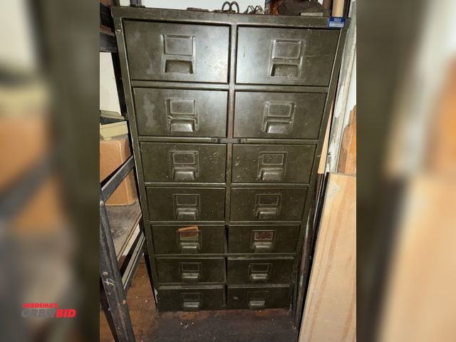 Lot 1-4698 - (1) 14-drawer metal parts cabinet, 21" x 14" x 39" tall filled with assorted sewing machine repair i...