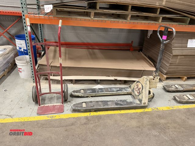 Lot 1-16662 - (1) Crown pallet jack, 42" forks, outside to outside 19.5", includes Dayton metal hand truck dolly.