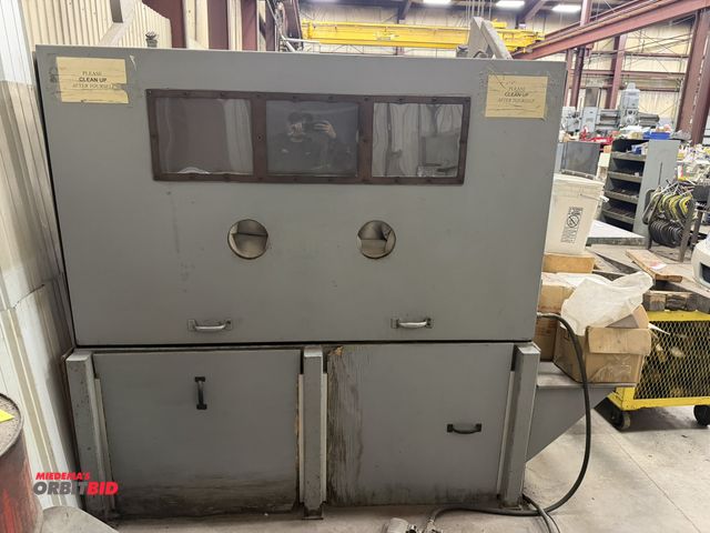 Lot 1-15386 - (1) custom made heavy duty sandblasting cabinet, approx. 72" length x 48" depth, with weighted flip-...