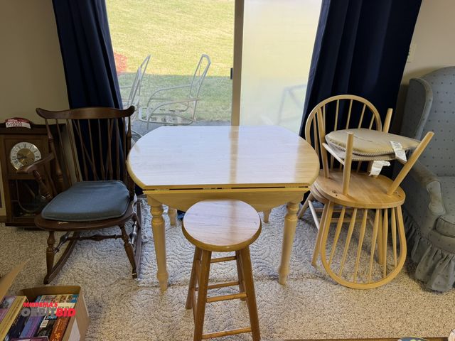 Lot 1-19212 - (1) wooden table with folding sides, 40" x 26.5", includes (2) matching wood chairs, (1) wood rocker...