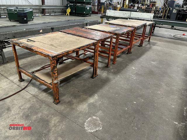 Lot 1-14362 - (4) Approx. 40" width x 40" depth and (1) 40" width x 24" depth heavy duty steel tables (heights sli...