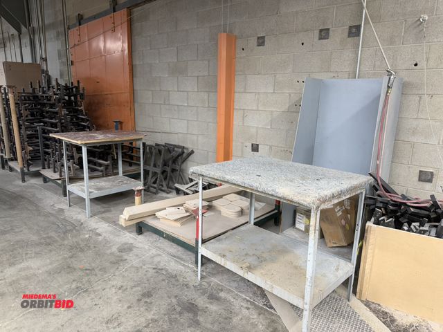 Lot 1-16468 - (2) metal framed tables with wood tops, 36" x 30", includes (4) assorted racks with adjustable arms,...