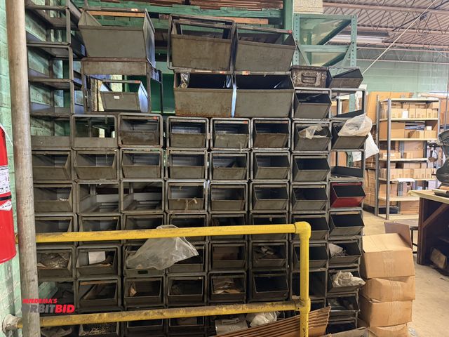 Lot 1-18813 - Lot of approx. (76) 9" x 7" x 13" stackable steel hardware storage bins, (5) 12" x 9" x 20" stackabl...