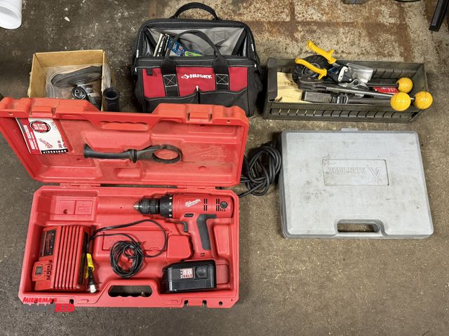 Lot 1-12500 - Lot of assorted tools, including (1) Milwaukee, Cat #0622-20, 18V, cordless, 1/2" driver drill with ...