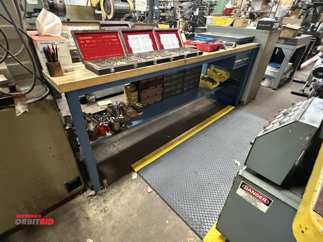 Lot 1-12493 - (1) Global 96" length x 36" height x 30" depth work bench with 1.5" thick butcher block top, content...