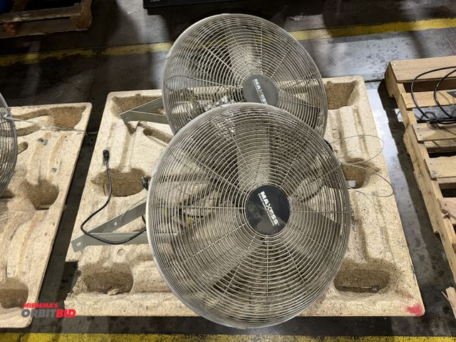 Lot 1-5349 - Lot of (2) Maxess, 120V, single phase post mount fans with approx. 26" diameter cages and 3 blades, ...