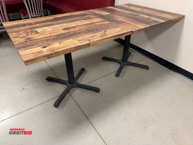 Lot 1-11175 - (2) 36" width x 30" height x 36" depth steel framed tables with wood grain colored formica tops