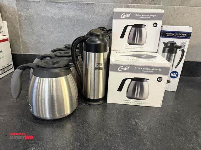 Lot 1-11145 - Lot including; (3) new, Curtis 1.9 liter seamless stainless steel coffee pots, (3) used, Curtis 1.9 ...