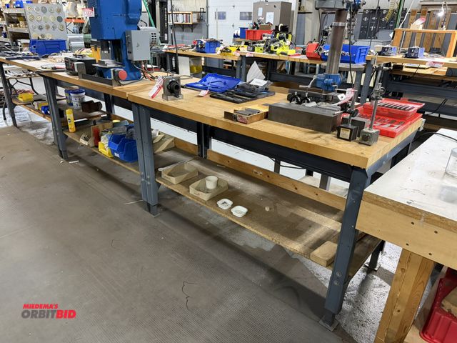 Lot 1-18878 - Lot of (3) steel framed butcher block top shop tables, 60" x 30", does not include contents, tables ...