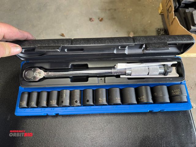 Lot 1-18137 - (1) Pittsburgh click type torque wrench, 3/8" drive, and 1/2" impact set, 6 pt. fractional from 7/16...