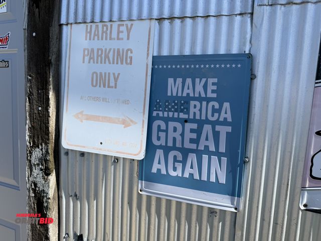 Lot 1-8237 - (1) "Harley Parking Only" sign, approx. 12" x 16" tin sign, (1) approx. 12" x 16", "Make America Gre...