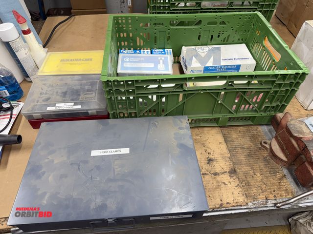 Lot 1-16800 - Lot of assorted items, includes assorted hose clamps with metal organizer, rubber O-rings, assorted ...