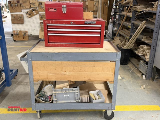 Lot 1-16236 - Lot including (1) 36" length x 32.5" height x 24" depth 2-tier steel cart with center wood shelf add...