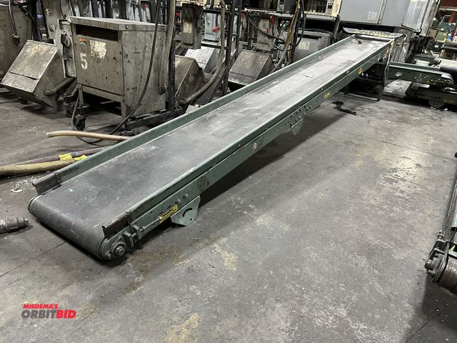 Lot 1-14344 - (1) Hytrol 15' 10" long x 18" width belt over roller conveyor (belt at approx. 4" off ground on one ...