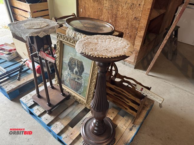 Lot 1-3130 - (1) Rolling wooden table, (1) wooden stand, and more