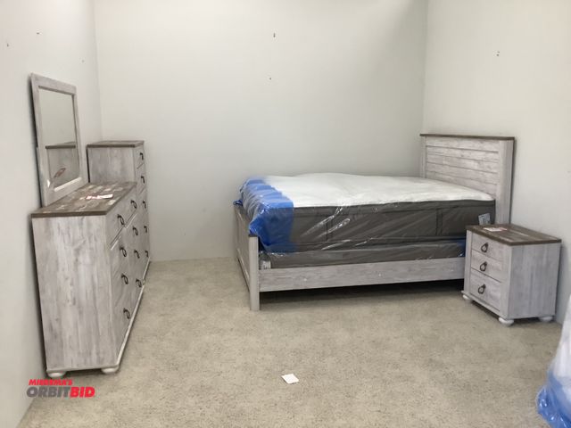 Lot 1-17221 - Ashley Furniture bedroom set. Includes queen size bed frame with queen size mattress, and boxspring....