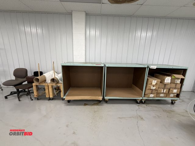 Lot 1-4895 - Lot of (3) 46" x 29" x 50" tall steel rolling storage carts, office chairs, and custom made roller r...