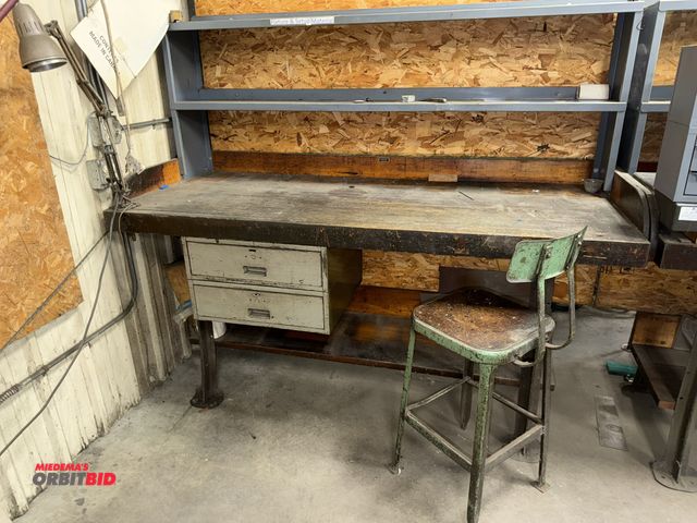 Lot 1-1934 - (1) 60" width x 35.5" height x 32" depth steel framed work bench with 2 drawers, lower wood shelf, a...