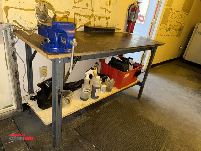 Lot 1-18994 - (1) Bessey 5" bench mounted vise with steel frame, steel top table, 60" x 24.5".