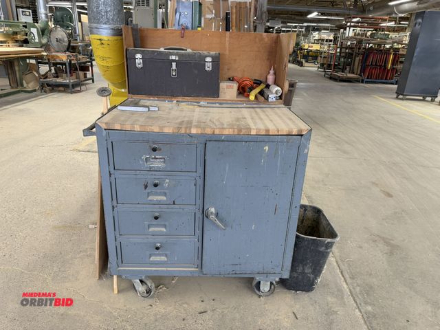 Lot 1-16192 - (1) 36" width x 38" height x 22" depth 4-drawer steel cabinet with side door, 1" thick butcher block...