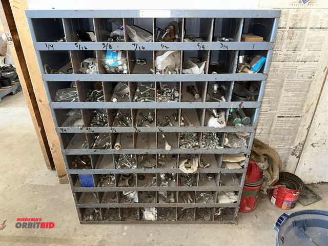 Lot 1-14136 - (1) 34" width x 42" height x 12" depth 72-compartment, steel hardware storage unit with assorted nut...