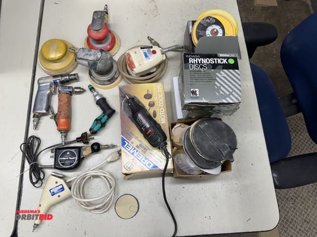 Lot 1-16380 - (1) Cleverbox 22" x 9" x 14" folding plastic tote full of assorted tools, includes (1) Free Sander, ...