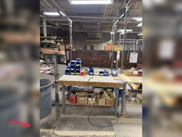 Lot 1-16432 - (1) steel work station table, 60" x 30" x 34" tall, overhead work structure with air rails, and pneu...