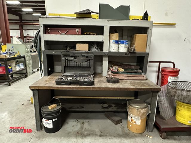 Lot 1-19158 - (1) 73" width x 30.5" height x 37" depth wood work bench with steel frame, 18" tall steel top mounte...
