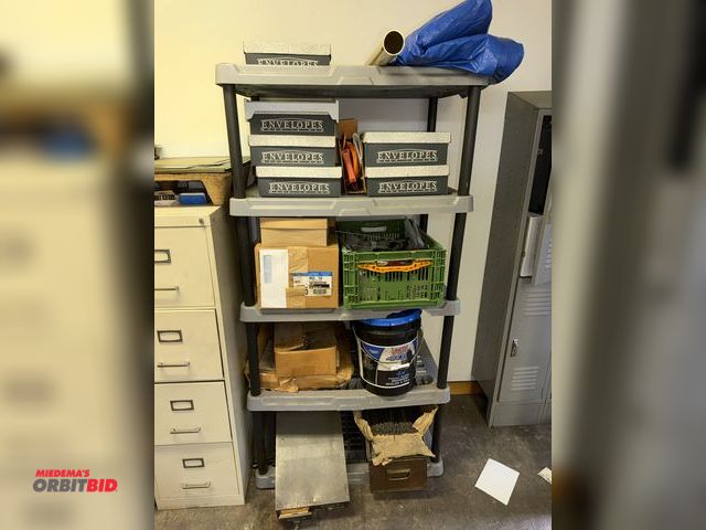 Lot 1-18925 - (1) shelving filled with assorted items, includes Kent Wove regular white wove envelopes, kitchenwar...