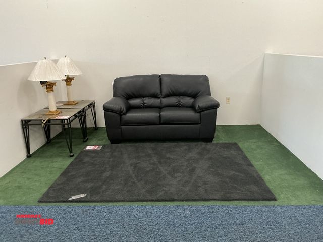 Lot 1-17359 - Furniture set with Black love seat leather couch, approximately 84” x 37” rug measures 88” x 60” (2)...