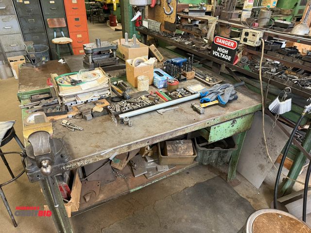 Lot 1-18548 - (2) 60" width x 34" height x 30" depth steel work benches with steel lower shelves, and assorted con...