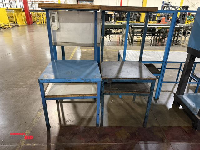 Lot 1-5289 - Set of (2) 28" width x 29.5" height x 28" depth steel tables with stainless steel tops and attached ...
