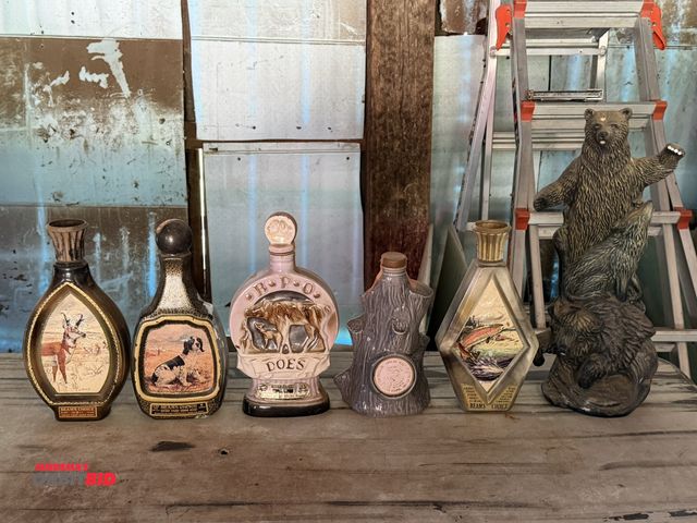 Lot 1-8327 - Lot of (5) collectible whiskey bottles, includes (1) porcelain bear decoration.