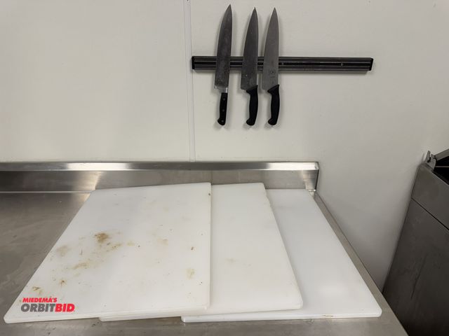 Lot 1-11119 - Lot including (3) 24" width x 18" depth x approx. 1/4" thick plastic type cutting boards with a 24" ...