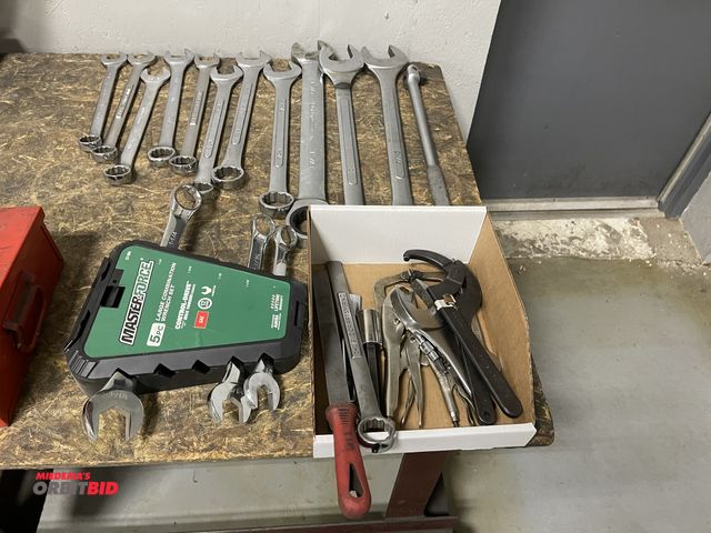 Lot 1-19337 - Large lot of assorted wrenches, includes 2 1/4", 2", 1 7/8", 1 5/8", down to 11/16", assorted vise g...
